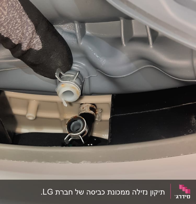 חלקים פנימיים של מכונת כביסה עם צינור וחיבורים